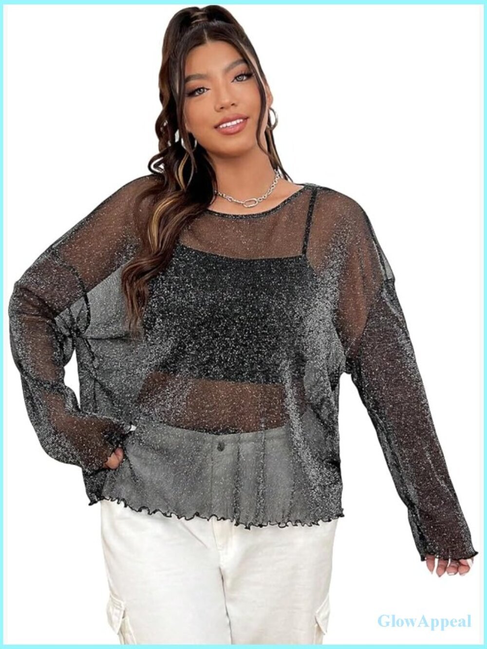Glitter Sheer Mesh Long Sleeve Tee with Lettuce Trim Drop Shoulder Plus Size